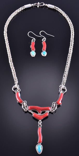 Silver & Turquoise & Coral Zuni Necklace & Earring Set Smokey 