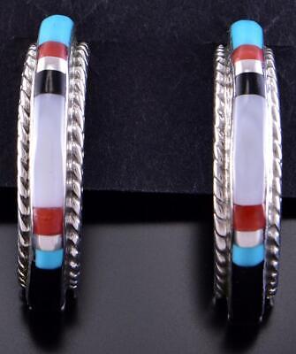 Vintage Sterling Signed PR Weahkee Navajo Zuni Inlay Multi Stone fashion Hoop Earrings