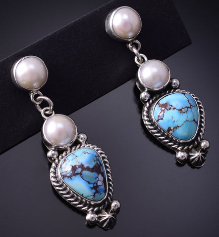 Silver & Golden Hills Turquoise Fresh Pearl Navajo Earrings by Erick Begay 5B25J