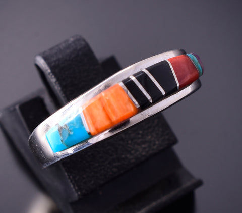 Size 7-1/4 Silver & Turquoise Multistone Navajo Inlay Ring by BJ 4F04U