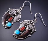 Silver & Turquoise Coral w/ Faux Bear Claw Navajo Earrings 4K07Q