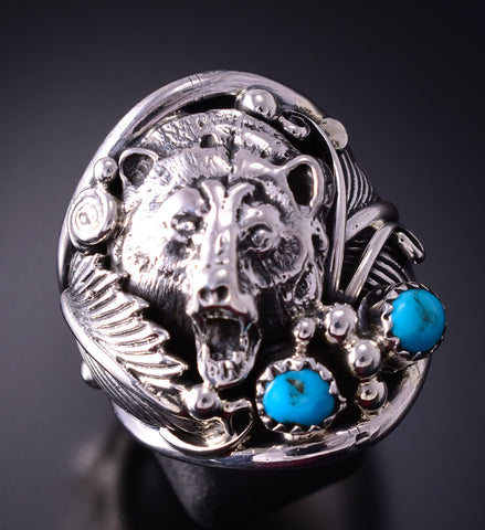 Size 11-1/2 Silver & Turquoise Navajo Grizzly Bear Ring Jeanette Saunders 4F10J