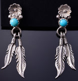 Silver & Turquoise Feathers & Flowers Navajo Earrings by Janice Largo 4J02X