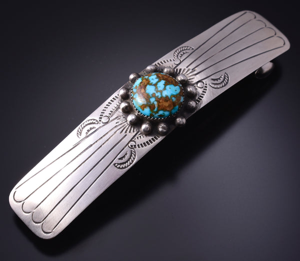 Silver & Turquoise Navajo Handstamped Hair Barrette 5B06M