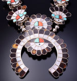 Vintage Silver & Turquoise Multistone Zuni Sunface Inlay Necklace 4K28H