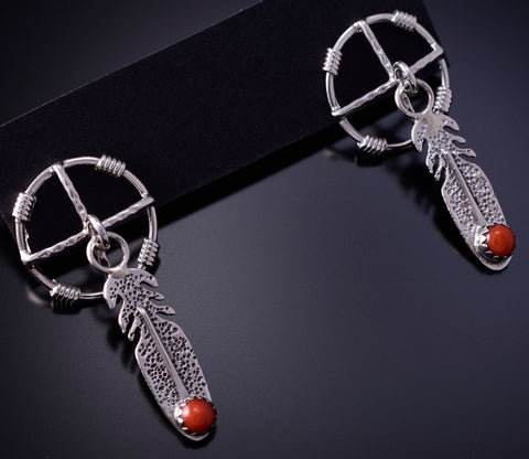 Silver & Coral Dream Catcher w/ Feathers Navajo Earrings - Sharon McCarthy 4H27Z