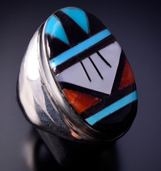 Size 11-1/2 Silver Multistone Zuni Inlay Men's Ring by Gladys Lamy 4L10G