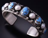 Silver & Golden Hills Turquoise Fresh Pearl Navajo Bracelet by Erick Begay 5B26N