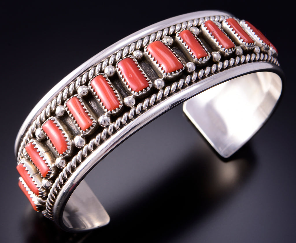 Silver & Coral Navajo Handmade Bracelet by Chester Charley 3F05T