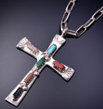 Silver & Turquoise Multistone Zuni Inlay Cross Pendant by Cecelia Iule 4L12W