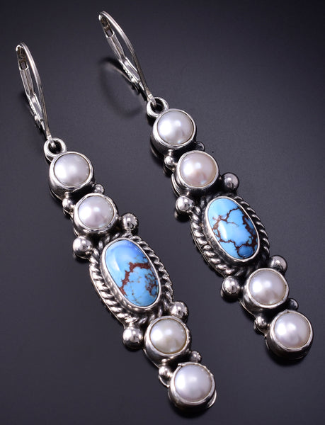 Silver & Golden Hills Turquoise Fresh Pearl Navajo Earrings by Erick Begay 5B25N