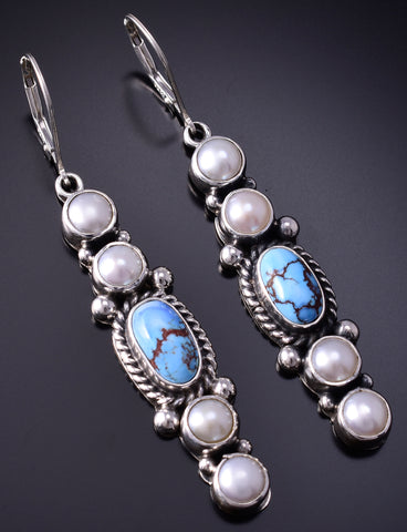 Silver & Golden Hills Turquoise Fresh Pearl Navajo Earrings by Erick Begay 5B25N