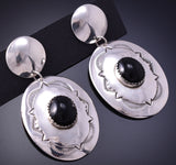 Silver & Onyx Navajo Handstamped Round Earrings by R. Bahe 4K10X