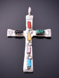 Silver & Turquoise Multistone Zuni Handmade Cross Pendant by Cecelia Iule 4F04Y