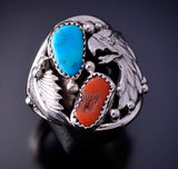 Size 12-3/4 Silver & Turquoise Coral Navajo Men's Ring Jeanette Saunders 4L10Q