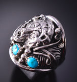 Size 11-1/2 Silver & Turquoise Navajo Grizzly Bear Ring Jeanette Saunders 4F10J