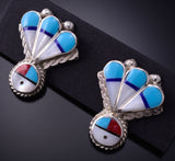 Silver & Turquoise Multistone Zuni Inlay Sunface Earrings - Clarence Pedro 5A30O