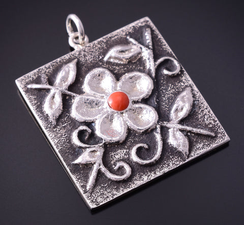 Silver & Coral Navajo Tufacast Flowers Pendant by Rebecca T. Begay 4F25R