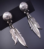 Silver Navajo Handstamped Double Eagle Feather Earrings 4K10Z