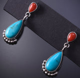 Silver & Turquoise Coral Navajo Earrings by Verley Betone 4H27C