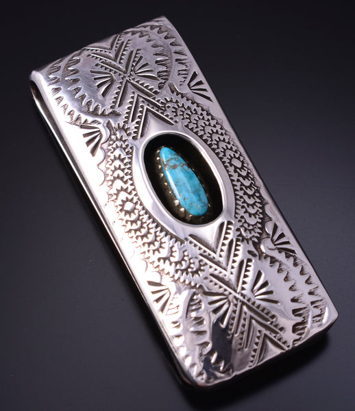 Silver & Turquoise Navajo Handstamped Money Clip by Shirley Skeets 5B14T