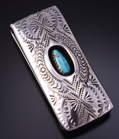 Silver & Turquoise Navajo Handstamped Money Clip by Shirley Skeets 5B14T