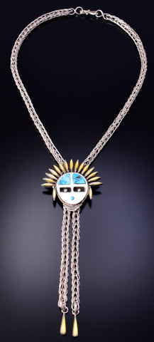 Silver Multistone Zuni Inlay Sunface Lariat Necklace by Smokey Gchachu 4L09K