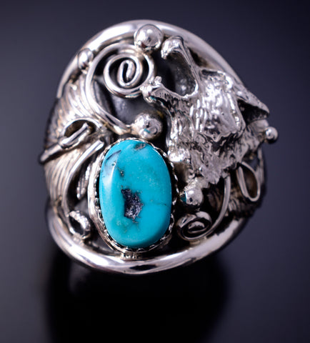 Size 9-1/2 Silver & Turquoise Howling Wolf Navajo Men's Ring J. Saunders 4L10S