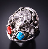 Size 8-3/4 Silver & Turquoise Coral Navajo Bear Ring by Jeanette Saunders 4F10L