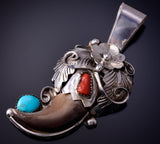 Silver & Turquoise Coral w/ Bear Claw Navajo Pendant by Jerry Thompson 4L22S