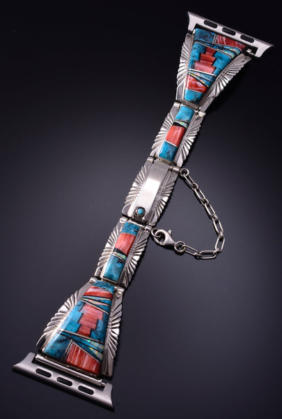 Silver & Turquoise Multistone Navajo Inlay Watchband by Charleston Willie 5B06K