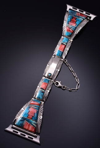 Silver & Turquoise Multistone Navajo Inlay Watchband by Charleston Willie 5B06K