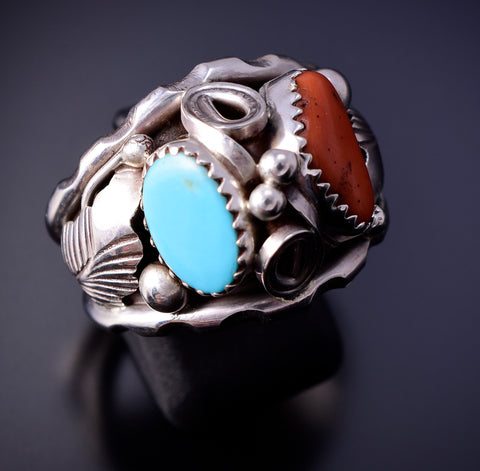 Size 11-1/2 Silver & Turquoise Coral Navajo Men's Ring by Max Calladitto 4L10K