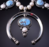 Silver & Golden Hills Turquoise Fresh Pearl Navajo Necklace by Erick Begay 5B26Y