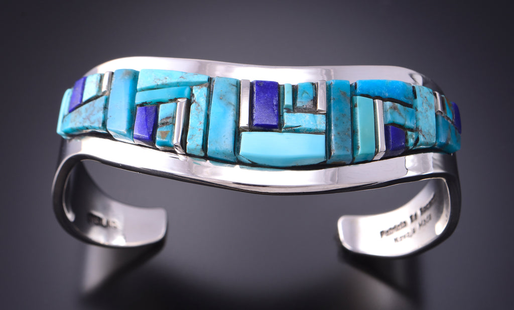 Silver & Turquoise & Lapis Navajo Inlay Bracelet by Patricia Ed Wallace  3F10P