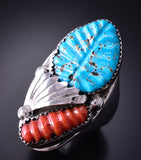 Size 11 Silver & Turquoise Coral Feather Zuni Men's Ring by Lyolita Tsatte 4F10H