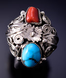 Size 9-1/2 Silver & Turquoise Coral Flower Navajo Men's Ring by Sarah Yazzie 4L10E