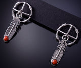 Silver & Coral Dream Catcher w/ Feathers Navajo Earrings - Sharon McCarthy 4H27Z