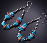 Silver & Turquoise Apple Coral Navajo Pearls Loop Earrings Corraine Smith 5B06D