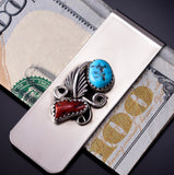 Silver & Turquoise w/ Coral Feather Navajo Money Clip by Sally Arviso 5B14X