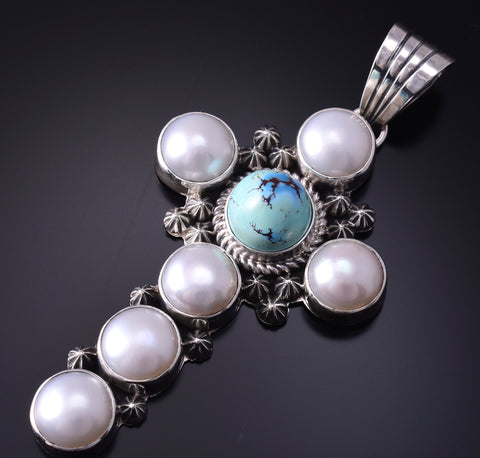 Silver & Golden Hills Turquoise Fresh Pearls Cross Pendant by Erick Begay 5B26P