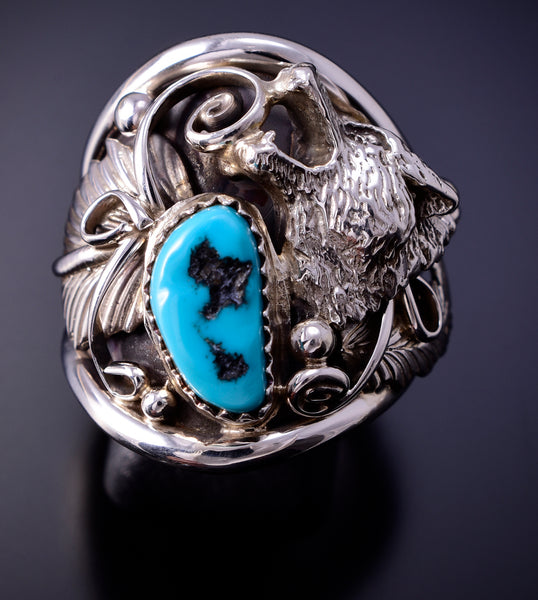 Size 10 Silver & Turquoise Howling Wolf Navajo Men's Ring by J. Saunders 4L10U