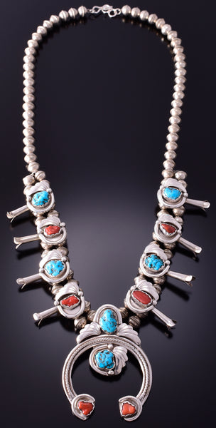 Vintage Silver Turquoise & Coral Navajo Squash Blossom Necklace 4F04J