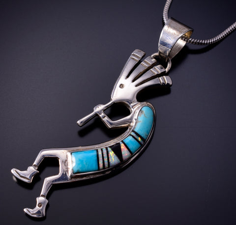 Silver & Turquoise Multistone Navajo Inlay Kokopelli Pendant by Allen Lee 4L22X