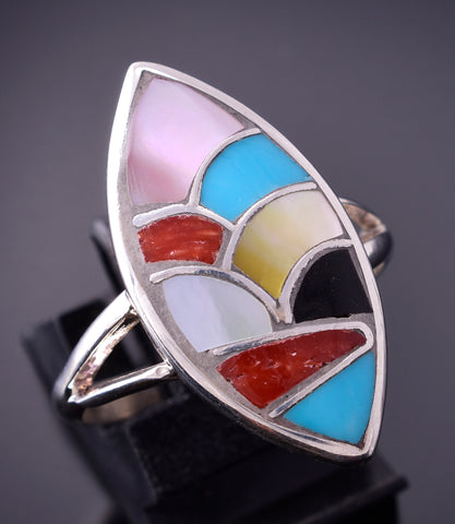 Size 9-3/4 Silver Multistone Zuni Inlay Marquise Ring by Pat Leekity 4E28Z