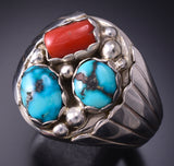 Size 13-1/2 Silver & Turquoise Coral Navajo Ring by Annie Spencer 4M16K