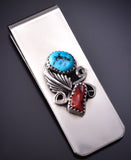 Silver & Turquoise w/ Coral Feather Navajo Money Clip by Sally Arviso 5B14X