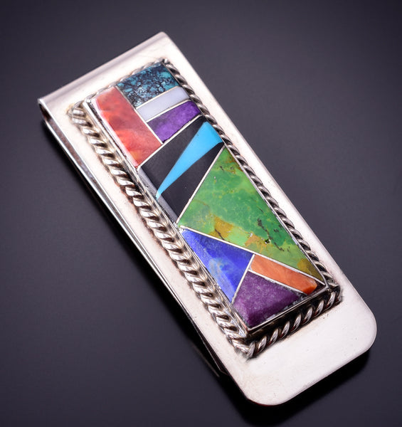 Silver & Turquoise Multistone Navajo Inlay Money Clip by Arnold Yazzie 4E27U