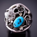 Size 12-3/4 Silver & Turquoise Wolf Navajo Men's Ring by Jeanette Saunders 4E28W