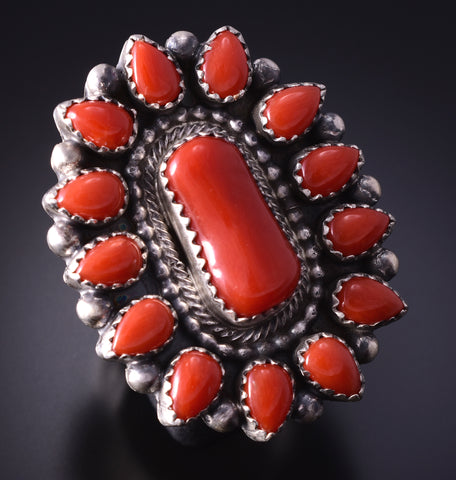 Size 7 Silver & Mediterranean Coral Navajo Cluster Ring by Tom Lewis 4F10R